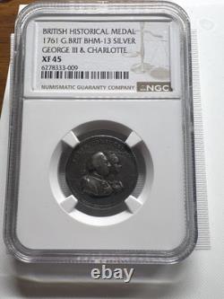 1761 George III & Charlotte Royal Marriage Silver Medal BHM-13 NGC XF 45