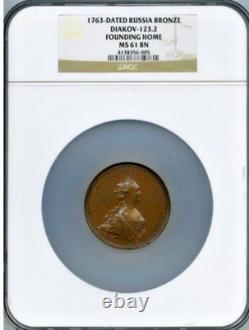 1763 Catherine II (the Great) Bronze Medal Ngc Ms-61 Brown L@@k