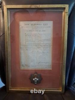 1896 Spanish Order of Naval Merit Medal with Royal Certificate Alfonso XIII Framed