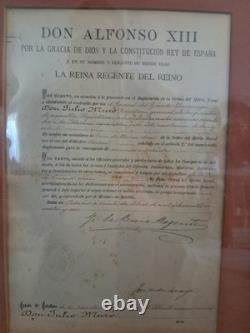 1896 Spanish Order of Naval Merit Medal with Royal Certificate Alfonso XIII Framed
