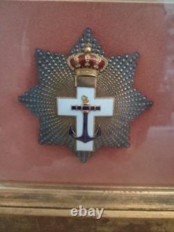 1896 Spanish Order of Naval Merit Medal with Royal Certificate Alfonso XIII Framed