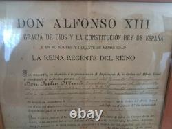 1896 Spanish Order of Naval Merit Medal with Royal Certificate Alfonso XIII Framed
