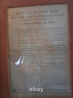 1896 Spanish Order of Naval Merit Medal with Royal Certificate Alfonso XIII Framed