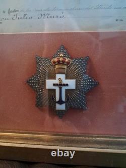1896 Spanish Order of Naval Merit Medal with Royal Certificate Alfonso XIII Framed