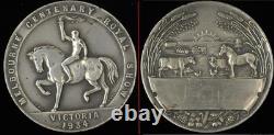 1934 Victoria Melbourne Centenary Royal Show Rare 54mm Silvered Medal &Flip Card