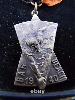 1940 BAR BEACH New York Swimming Award Medallion Ribbon Royal Emb Co NY WW2 Era