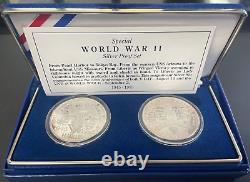 1995 Special World War II 50th Annv. 2 Coin. 999 Fine Silver Medal OGP Box & COA