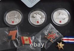 2004 Royal Mint D-day Three Silver Proof £5 Coins & Medal Set In Collectors Tin