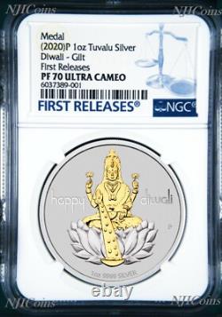2020 TUVALU Diwali Festival Hindu New Year Gift 1oz Silver Gilt NGC PF70 Medal