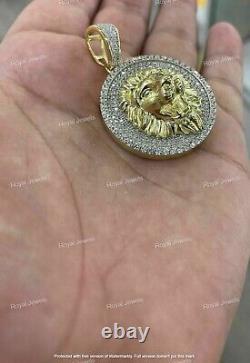 2CT Round Cut VVS1 Diamond Mens Medallion Lion Pendant 14K Yellow Gold Finish