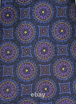 $330 Kiton Seven Fold Navy withRoyal/Purple/Gold Medallions Ribbed Silk Tie Italy