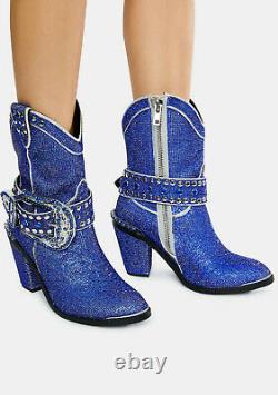 7 Club Exx Royal Blue Rhinestone Bling Cowgirl Cowboy Western Buckle Strap Boots