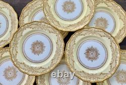 Antique Royal Doulton Jeweled 10 Dinner Plates Heavy Gold Medallion Set Of 10