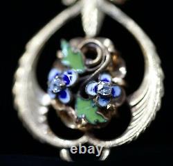 Art Nouveau Imperial Russian Gild Silver Enamel Flower Diamonds Neck Pendant Fob