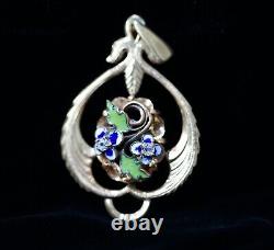 Art Nouveau Imperial Russian Gild Silver Enamel Flower Diamonds Neck Pendant Fob