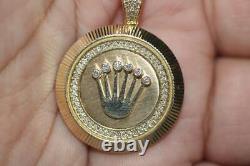 Fine 14K Yellow Gold Royal Crown Fluted Medallion Round Diamond Pendant 11 Grams