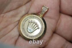 Fine 14K Yellow Gold Royal Crown Fluted Medallion Round Diamond Pendant 11 Grams