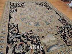 French Rug 9x12 Savonnerie Aubusson Royal King Crown Pictorial Blue Black