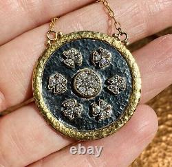 Gurhan Imperial 24K Gold & Oxidized Silver Diamond Medallion Necklace 12.5g