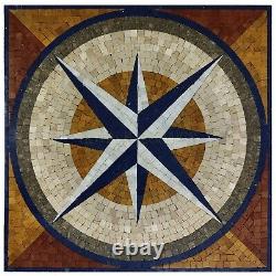 Handmade Compass Nautical Marble Mosaic With Blue Granite Square Medallion Tile