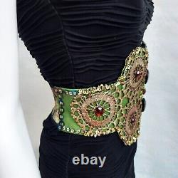 Luxury royal belt italian women macrame green rhinestone sequin faux leather bid
