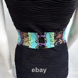 Luxury royal belt women italian embroidered macrame teal sequins faux suede gift
