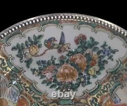 RARE Palais Royal 7.5 Chinese Famille Rose Medallion Sterling Silver Rim Plate