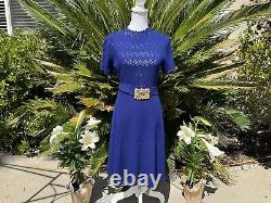 Rare St John Vtg 70's Sz 2 4 Royal Blue Pointelle Gold Medallion Belt Dress Suit