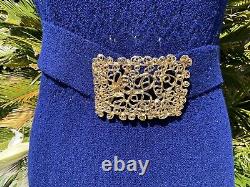 Rare St John Vtg 70's Sz 2 4 Royal Blue Pointelle Gold Medallion Belt Dress Suit