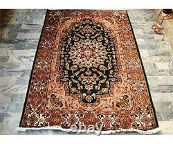 Royal Green Floral Medallion Hand Knotted Area Rug Wool Silk Carpet (6 x 4)