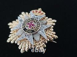 Royal Spanish Military Award Medal 18K Gold Breast Star Order Red Cross Brooch