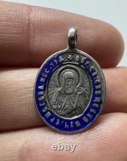 Russian Imperial 84 Silver Enamel Pendant Vladimir Icon & St Hermogenes Rare