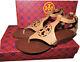 Tory Burch Zoey Sandals Thongs Tan Leather Logo Wedge Ankle Strap Shoes Sz 10