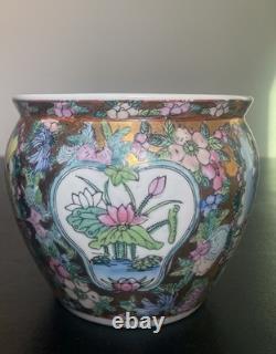 Vintage Chinese Porcelain Rose Medallion Koi Fish Bowl Planter 5.5 Royal Court