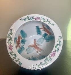 Vintage Chinese Porcelain Rose Medallion Koi Fish Bowl Planter 5.5 Royal Court