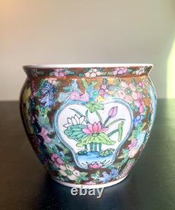 Vintage Chinese Porcelain Rose Medallion Koi Fish Bowl Planter 5.5 Royal Court
