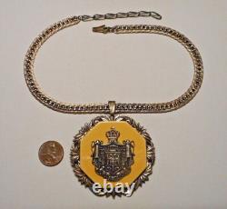 Vintage Miriam Haskell European Royal Crest Medallion on Wide Chain Necklace