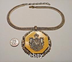 Vintage Miriam Haskell European Royal Crest Medallion on Wide Chain Necklace
