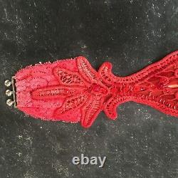 Women accessories belt macrame rhinestones faux leather royal handmade red beads