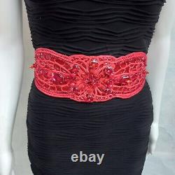 Women accessories belt macrame rhinestones faux leather royal handmade red beads