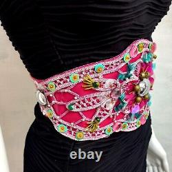 Women belt faux leather corset macrame purple pink big embroidered sequins small