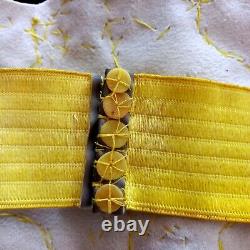 Women belt faux leather varnish gloss rhinestone crochet yellow embroidered high