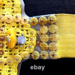 Women belt faux leather varnish gloss rhinestone crochet yellow embroidered high