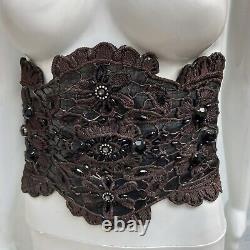 Women belt italian brand rhinestone royal faux leather macrame bead sequin black