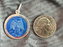 XL Blue St Michael The Archangel Sterling Silver 925 Enamel Medal Pendant RARE